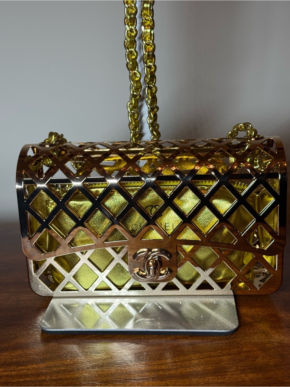 Gold Lattice Mini Shoulder Bag with Yellow Gold Interior. No Brand.